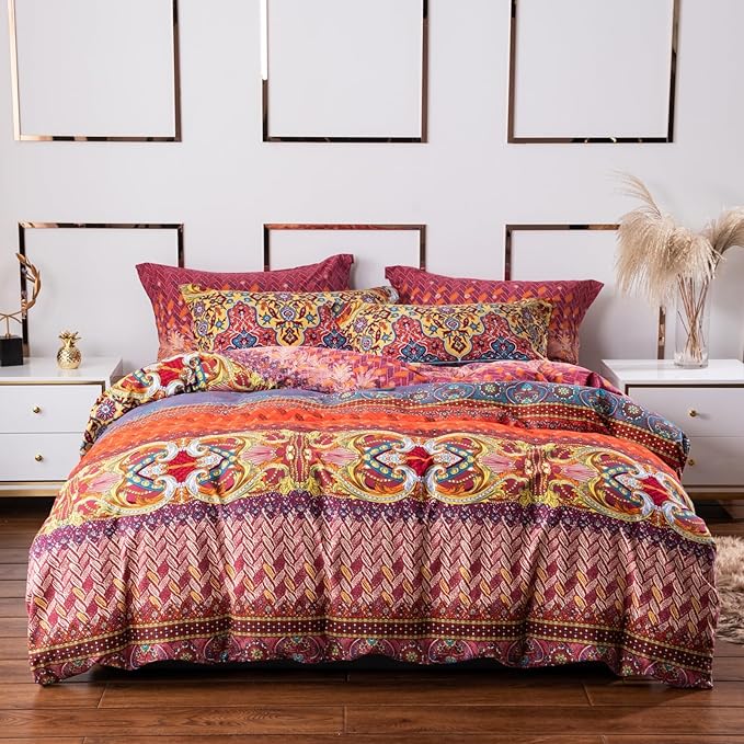 ABREEZE Bohemian Duvet Cover Set Colorful Orange Boho Retro Bedding Set Damask Paisley Cotton Duvet Cover Tribal Reversible Bedding Exotic Style Comforter Cover 3-Piece King
