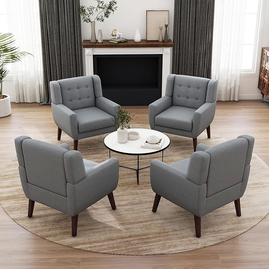 UIXE Accent Chair, Modern Upholstered Armchair in Fabric for Living Room, Comfy Club Arm Chairs Single Sofa Button Tufted Bedroom Reading Seat - Gray, Set of 4