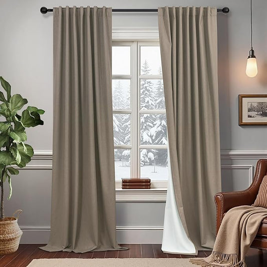 Light Brown Linen Blackout Curtains 96 Inches Long Back Tab Pocket Neutral Earthy Thermal Black Out Curtains for Living Room Sliding Glass Door Burg Floor to Ceiling Window Drapes 2 Panels 8ft Length