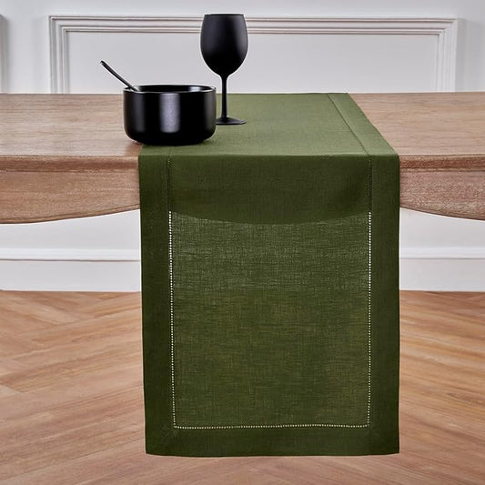 Solino Home Linen Olive Table Runner 132 Inches Long - 100% Pure Linen Extra Long Table Runner 14 x 132 Inch for Fall, Autumn, Thanksgiving - Classic Hemstitch