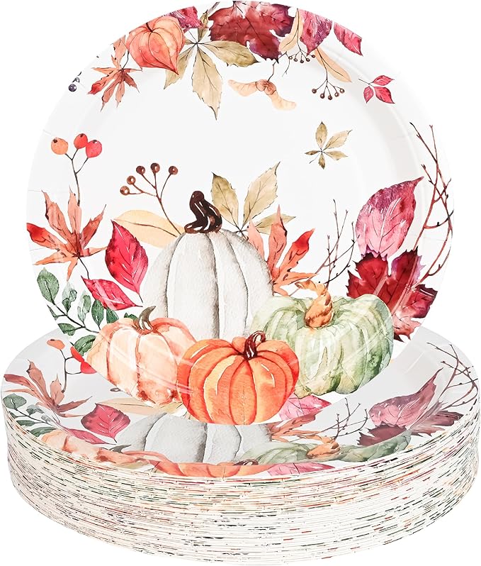 AllReal Fall Pumpkins Paper Plates Rustic Pumpkin Leaves Disposable Party Plate 7" Thanksgiving Autumn Dessert Plate for Birthday Baby Shower Party Supplies Table Decor (48)