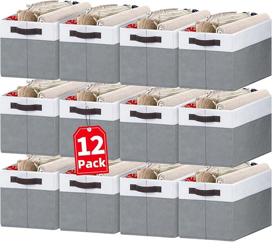 Criusia 12 Pack Large Storage Baskets for Shelves | Fabric Closet Organizers and Storage Bins with Handles for Home Organization | Decorative Collapsible Basket for Organizing Clothes Toy Nursery