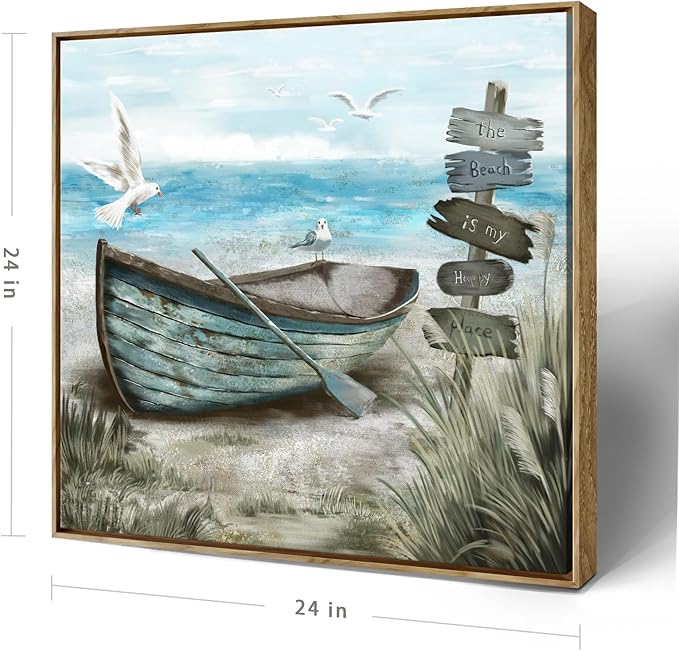 Framed Wall Art Bedroom Nautical Decor Boat Canvas Picture Rustic Coastal Sand Canvas Print Ocean Beach Painting Seascape Sea Bird Vintage Ship Artwork for Seaside Home Living Room Office Bathroom