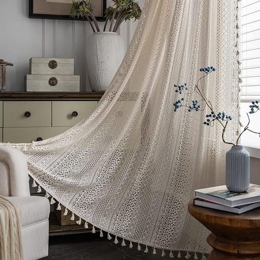Sutuo Home Boho Curtains Crochet Lace Semi-Sheer Bohemian Hollow Knitted Handmade Tassels, Rod Pocket Window Treatment Vintage Rustic Farmhouse Drapes for Living Bedroom, 1 Panel 59" W x 63" L, Beige
