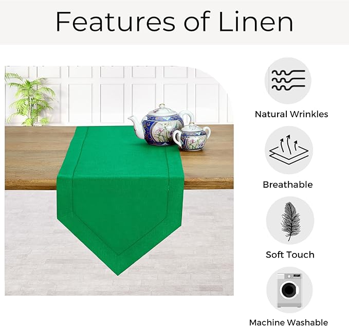 D'Moksha Homes Kelly Green Linen Table Runner 90 Inches Long - 100% Pure Linen Diamond Table Runner 14 x 90 Inch for Dining, Fall and Halloween - Machine Washable