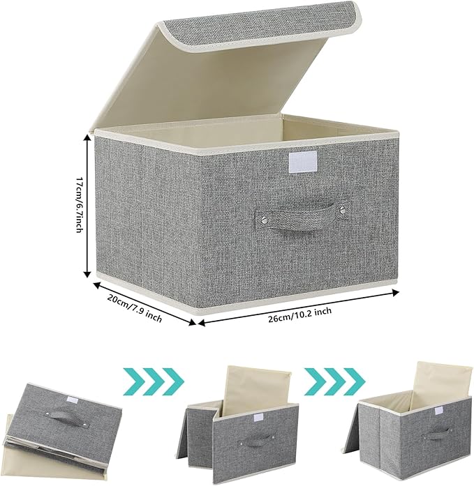 Storage Boxes, Collapsible Storage Bins with Lids, Cotton and linen cloth Storage Baskets with Handle, for Books, Closet, Bedroom, Home, 10.2x7.9x6.7 in, Grey