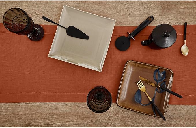 Solino Home Linen Hemstitch Table Runner 36 Inches - 100% Pure Linen Cinnamon Table Runner 14 x 36 Inch Ideal for Dresser and Coffee Tables - Classic Hemstitch - Fall, Autumn, Halloween, Thanksgiving