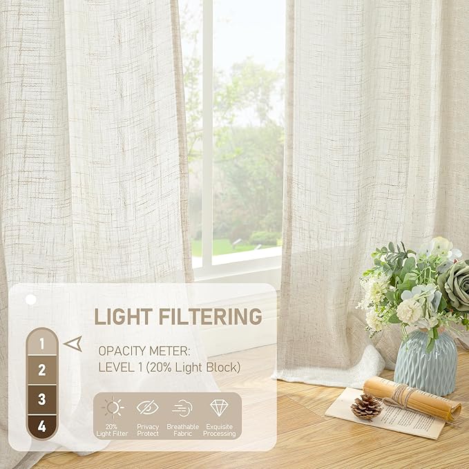 LAMIT Natural Cream Ivory Long Linen Curtains for Living Room, 108 inches Long Bronze Grommet Light Filtering Window Textured Neutral Sheer Drapes for Bedroom Farmhouse, 2 Panels, 52 x 108 Inch