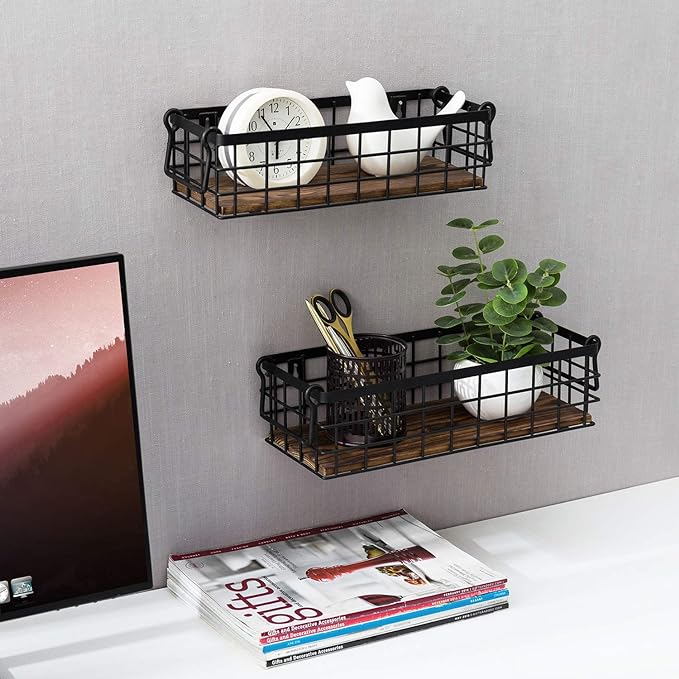 MyGift Set of 2 Wire Baskets for Pantry, Wall Mounted or Tabletop Black Metal Baskets for Organizing with Burnt Wood Base and Handles