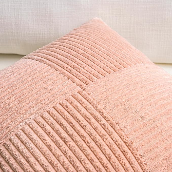 Fancy Homi 2 Packs Peach Decorative Throw Pillow Covers 22x22 Inch for Living Room Couch Bed Sofa, Rustic Farmhouse Boho Home Decor, Soft Corss Corduroy Patchwork Accent Square Cushion Case 55x55 cm
