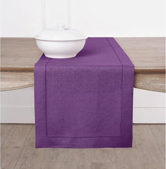 Solino Home Linen Table Runner 120 Inches Long - Classic Hemstitch 100% Pure Linen Purple Dining Table Runner 14 x 120 Inch for Fall, Autumn, Halloween, Thanksgiving