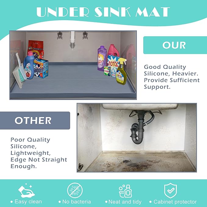 URMONA Waterproof Silicone Under Sink Mat 34'' x 19'' Shelf Liner for Kitchen and Bathroom, Cabinet and Counter Protector, Storage and Organizers, Litter Mat, Pet Cat Puppy Essentials(Black)