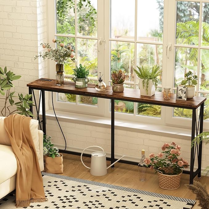 SUPERJARE 70 Inch Console Table with Outlets and USB-C Port, Extra Long Behind Couch Sofa Table with X-Shaped Design, Narrow for Entryway, Living Room, Metal Frame, Wooden Top, Rustic Brown