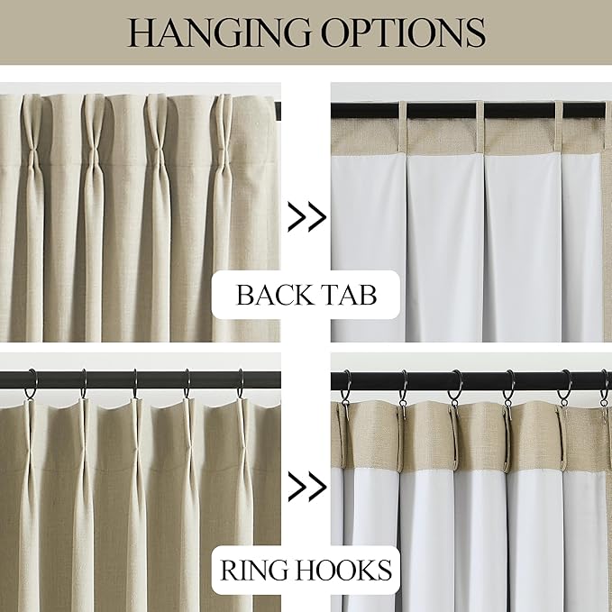 Vision Home Sand Pinch Pleated Full Blackout Curtains Linen Blended Room Darkening Window Curtains 120 inch for Living Room Bedroom Thermal Insulated Pinch Pleat Drapes with Hooks 60" Wx120 Lx1