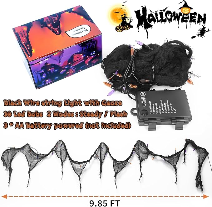 Halloween Horror Atmosphere Lights, Orange&Purple LED String Lights with 9.9FT Creepy Black Gauze, Battery Powered with Timer & 8 Flashing Modes (Orange & Purple)
