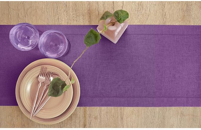 Solino Home Linen Purple Table Runner 144 Inches Long - 100% Pure Linen Extra Long Table Runner 14 x 144 Inch for Fall, Autumn, Halloween, Thanksgiving - Classic Hemstitch