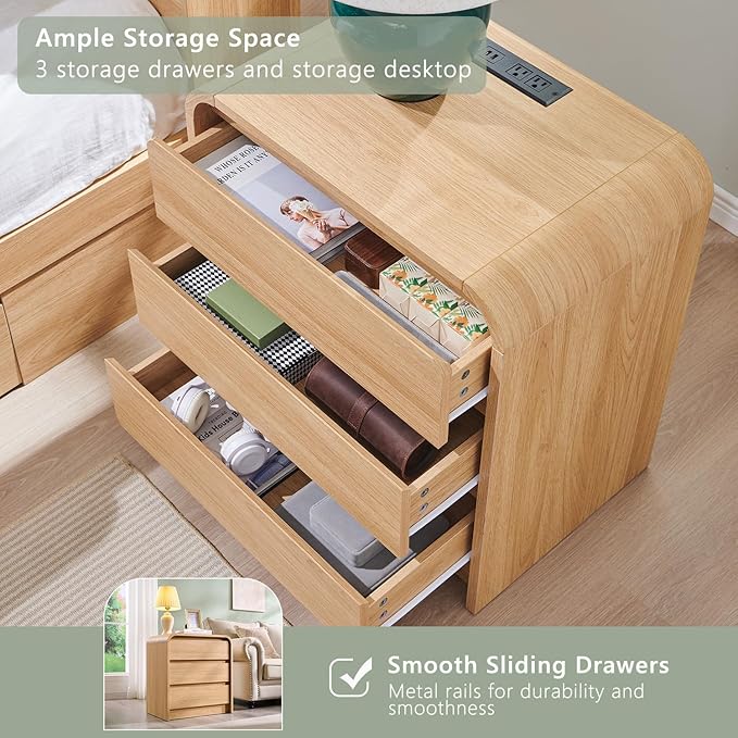 25" Tall Modern Nightstand Set of 2, 23.6" Wide Wood Bedside Table with Charging Station, 3 Storage Drawers Side Table w/Curved Profile Design,End Table for Bedroom, Natural Oak