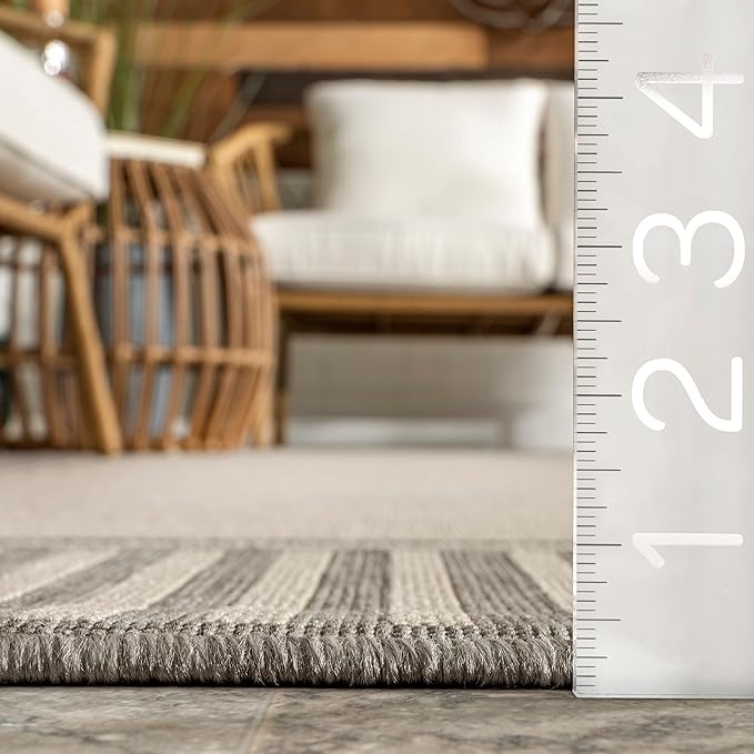 nuLOOM 2' x 8' Outdoor Area Rug, Casual Design with Striped Border, Stain Resistant, Highly Durable, for Patio, Balcony, Bedroom, Living Room, Dining Room, Bathroom, Light Grey