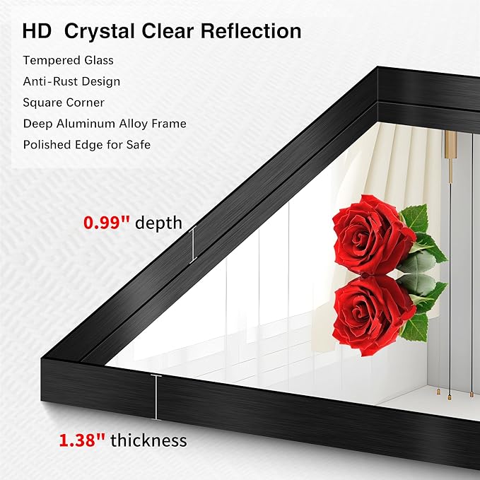 Black Bathroom Mirror, 36x48 Inch Rectangular Deep Frame Mirror, Large Wall Mounted Bathroom Vanity Mirror Over Sink for Bedroom,Restroom, Living Room, Hangs Vertically or Horizontally