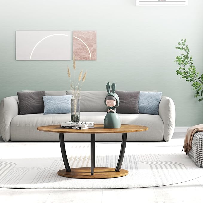 Manora Small Oval Coffee Table with Storage, Farmhouse Industrial Center Table for Living Room, Vintage Tea Table for Small Spaces, Rustic Brown