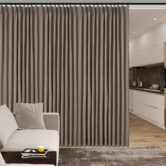 100" W x 96" L Faux Linen Room Divider Curtains, Full Blackout Pinch Pleated Drapes for Traverse Rod, Bedroom Divider Privacy Drapery with Hooks for Ceiling Track, 1 Panel, Light Brown