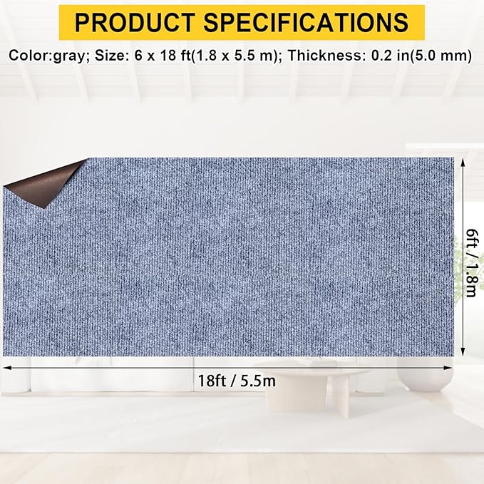 Marine Carpet,6 FT x 18 FT Blue-Gray Indoor Outdoor Carpet 0.2" Thick Boat Carpet with Water-Proof TPE Backing, Non-Slide Outdoor Marine Carpet Roll for Home, Patio, Porch, Deck