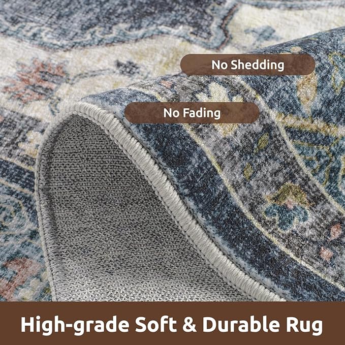 AMOAMI-6FT Round Rug-Rugs for Living Room-Vintage Soft Blue Rugs for Bedroom-Non Slip Circle Rug-Machine Washable Rug for Dining Room Living Room Bedroom Office Under Table