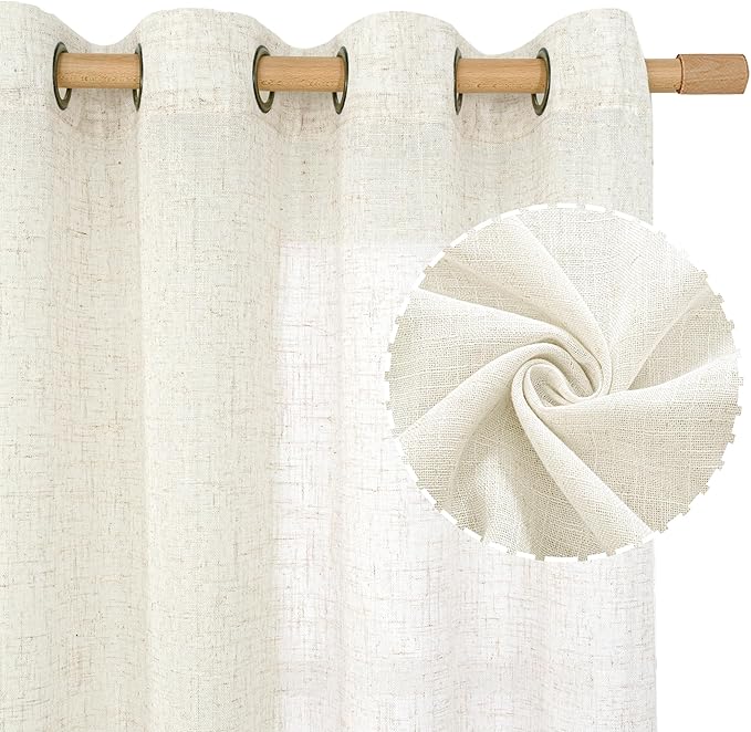 LAMIT Cream Linen Sheer Curtains 54 Inch Length 2 Panels Set, Short Linen Textured Light Filtering Panels Bronze Grommet Neutral Drapes for Small Windows/Bedroom/Kitchen, 34 x 54 Inch