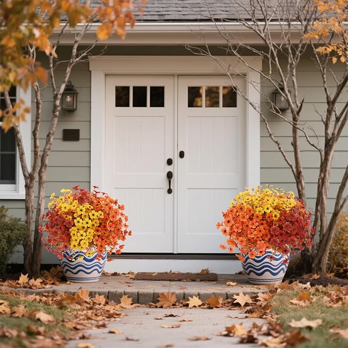 12 Bundles Artificial Fall Flowers Faux Mums for Outdoor Indoor, Artificial Plants Daisy Faux Plants Fake Mums for Fall Decor Pots Patio Garden Porch Autumn (Orange，Brown，Yellow) (12)