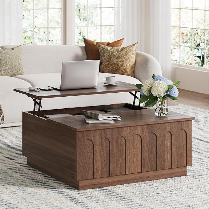 Lift Top Coffee Table with Storage, Mid Century Modern Coffee Table with Arched Design, 31.5" Square Tea Table with Wood Grain, Multifunctional Center Table for Living Room, Office, Walnut