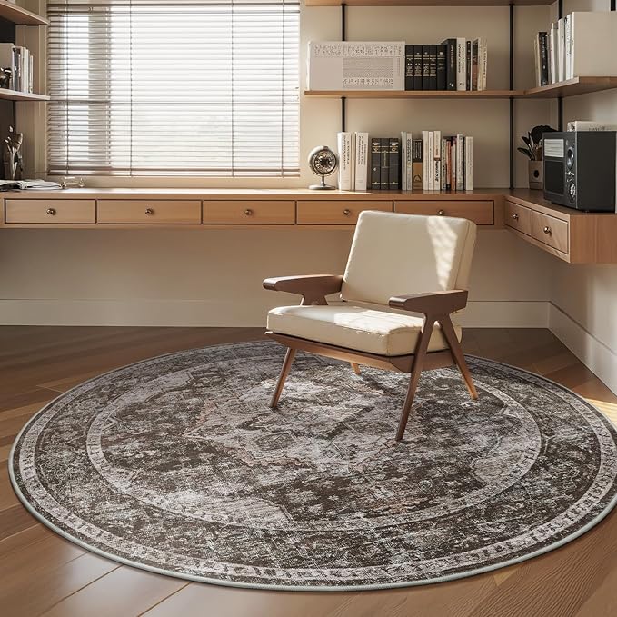 AMOAMI-6FT Round Rug-Rugs for Living Room-Vintage Soft Brick/Brown Rugs for Bedroom-Non Slip Circle Rug-Machine Washable Rug for Dining Room Living Room Bedroom Office Under Table