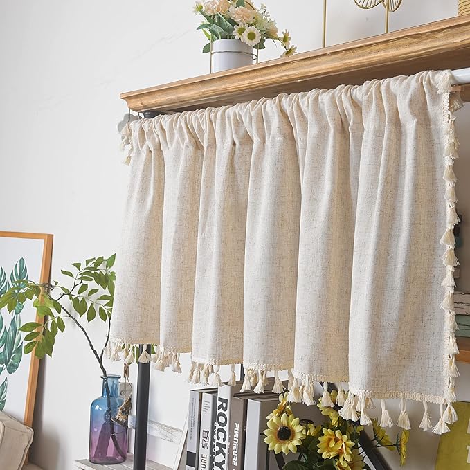 Sutuo Home Boho Sheer Curtain Valance Tier Cotton Linen with Bohemian Handmade Tassels, Short French Farmhouse Window Treatment for Kitchen Cafe, Rod Pocket, 1 Panel 59" W x 24" L, Natural Textured