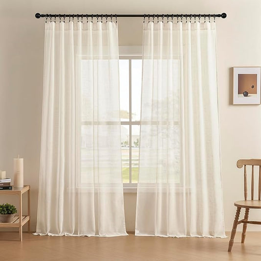 Joydeco Sheer Curtains 108 Inches Long, White Curtains for Living Room 2 Panels Set, Linen Curtains Window Privacy Assured with Light Filtering(W52 x L108 Inch,Linen)