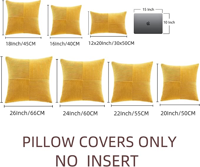 Fancy Homi 2 Packs Gold Yellow Euro Decorative Throw Pillow Covers 26x26 Inch for Couch Bed Sofa, Rustic Farmhouse Boho Home Decor, Soft Corss Corduroy Patchwork Textured Square Cushion Case 66x66 cm