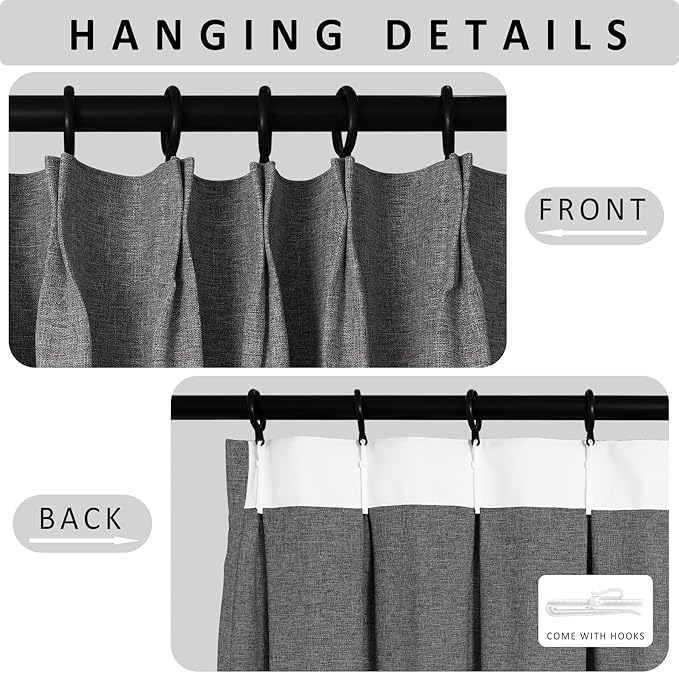 Macochico 52”Wx96”L 100% Blackout Curtains for Bedroom Living Room Nursery Natural Grey Pinch Pleated Linen Curtains Farmhouse Burlap Drapes Thermal Window Panels with Hooks and Tieback 1 Panel