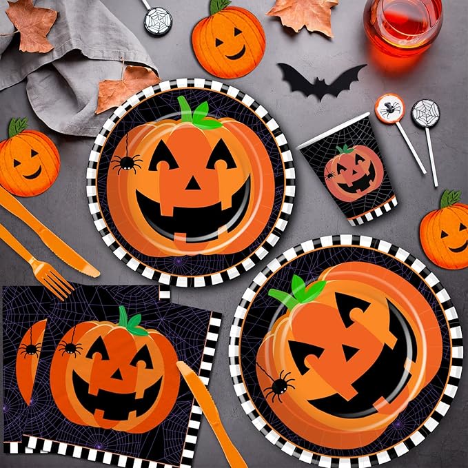 Halloween Plates and Napkins Party Supplies, Pumpkin Halloween Party Decorations Tableware, Pumpkin Paper Plate, Cup, Napkin, Tablecloth, Disposable Cutlery, Serves 24