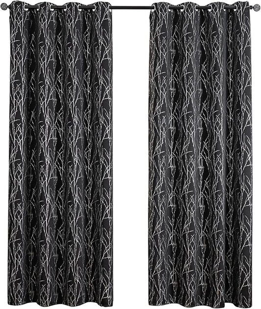 Grommets Blackout Long Window Curtains Black Silver-52W*95L 2PCS Drapes for Bedroom