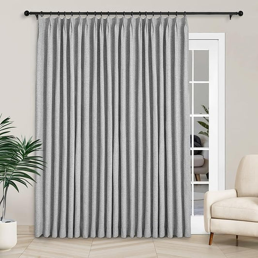 Macochico Extra Wide Full Blackout Linen Curtains for Sliding Door Light Grey Pinch Pleated Linen Curtains 96 Inches Long for Bedroom Living Room Farmhouse with Tieback 120”Wx96”L 1 Panel