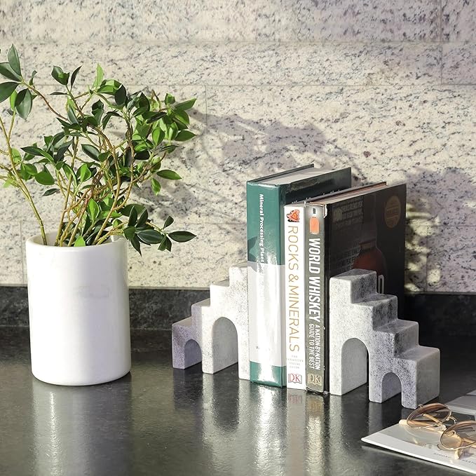 Natural Marble Book Ends for Shelves, Decorative Bookends for Heavy Books, CastleGuard Bookend Book Holder Stopper for Home Office Desk Bookshelf Decoration, Set of 2 (Mist Grey)
