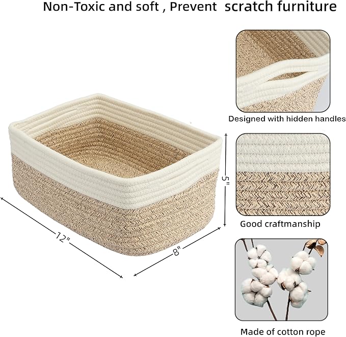 Small Woven Storage Baskets 12“X8”X5“ Decorative Rope Bins for Organizing Shelves, Closets, and Toys, Empty Gift Baskets, Cute Organizer Basket for Home and Office (white and brown regular)