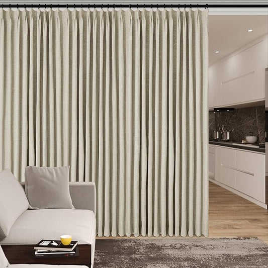100% Blackout Linen Textured Drapes for Bedroom Pinch Pleated Curtains for Track System Portable Drapery for Sliding Glass Door/Storage/Space Room Divider, 70" Wx84 L, 1 PC, Beige