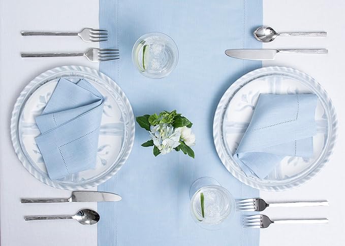 Solino Home Linen Sky Blue Table Runner 60 Inches - Classic Hemstitch, 100% Pure Linen Coffee Table Runner 14 x 60 Inch Ideal for Dresser Tables