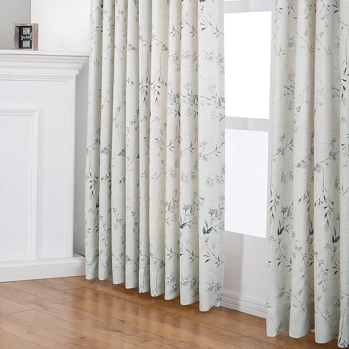 Pinch Pleated Floral Linen Curtains, 72 Inch Wide by 102 Inch Long Printed Curtains for Privacy Light Filtering, Suitable for Living Rooms and Sunrooms.2 Panels