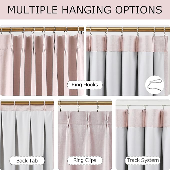 Vision Home Soft Pink Pinch Pleated Full Blackout Curtains Linen Blended Room Darkening Window Panels 95 inch for Living Room Bedroom Thermal Insulated Pinch Pleat Drapes with Hooks 60" Wx95 Lx1