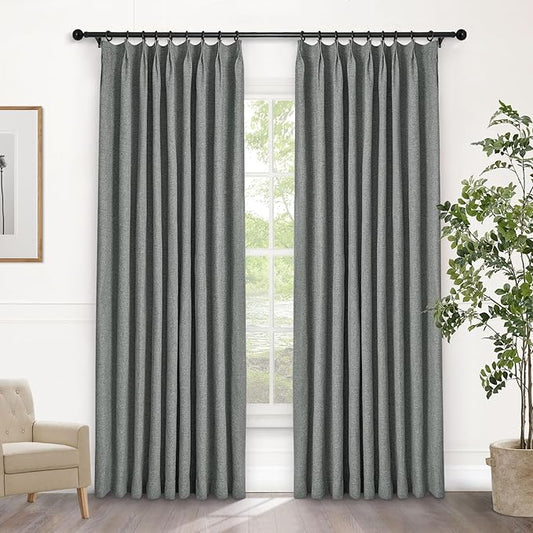 Macochico Pinch Pleated Blackout Linen Curtains 96 Inches Long 100% Light Blocking Burlap Curtains for Bedroom Living Room Thermal Window Panels with Tieback 72”Wx96”L Mid Grey 1 Panel