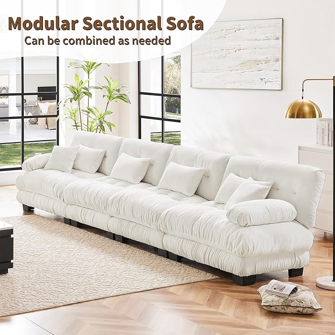 Modular Sectional Sofa Cloud Couch 4-Seater Deep Seat Sofa Couch, Oversized Couch Bed Sectional Couch with Round Bolster Armrests 6 Pillows, Modern Sofa Chair Comfy Couch(White)