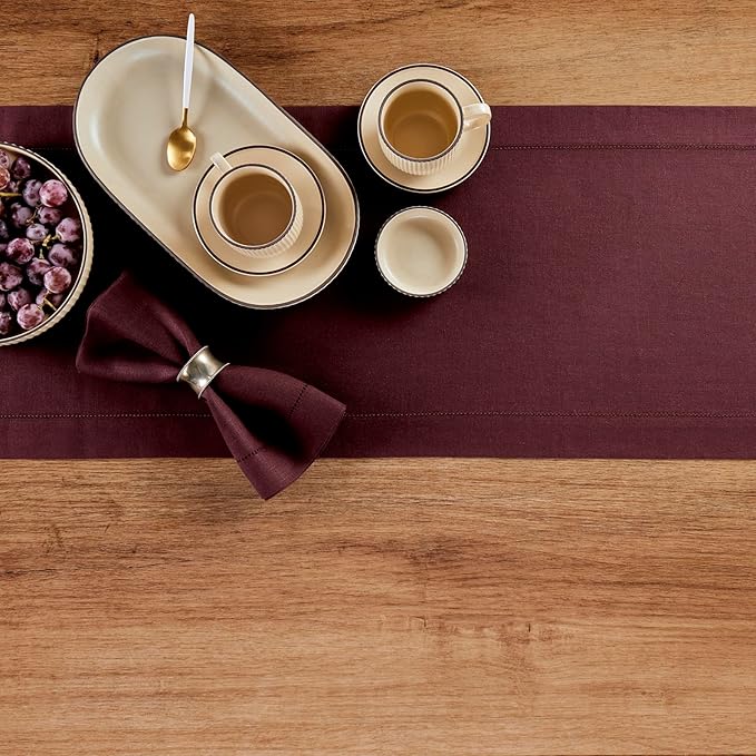 Solino Home Linen Table Runner 36 Inches - 100% Pure Linen Burgundy Hemstitch Table Runner 14 x 36 Inch Ideal for Dresser and Coffee Tables - Fall, Autumn, Thanksgiving - Classic Hemstitch