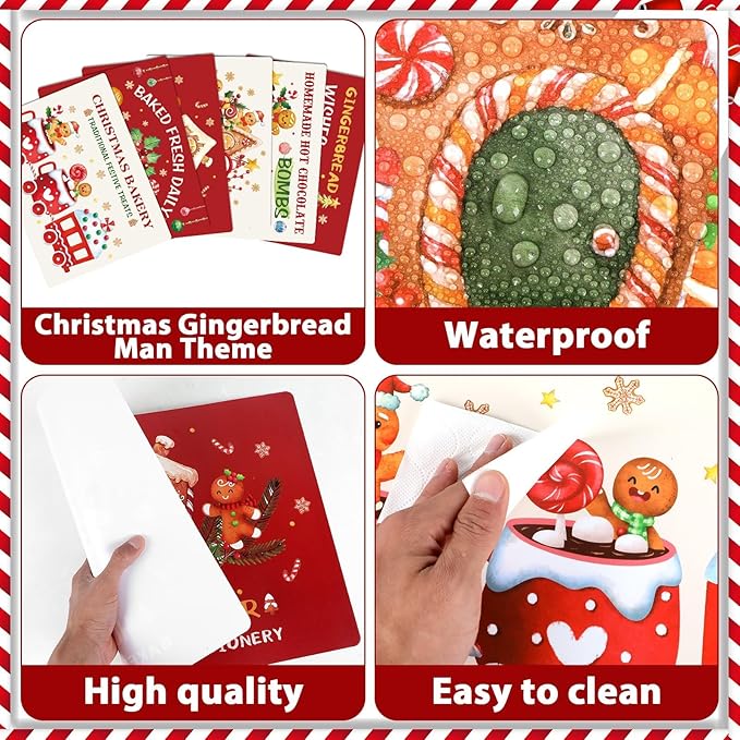 Gingerbread Christmas Placemats Set of 6 Gingerbread Candy Plastic Table Mats Hot Cocoa Place Mats Xmas Gnome Tree Washable Table Decoration for Indoor Outdoor Party Kitchen Dining