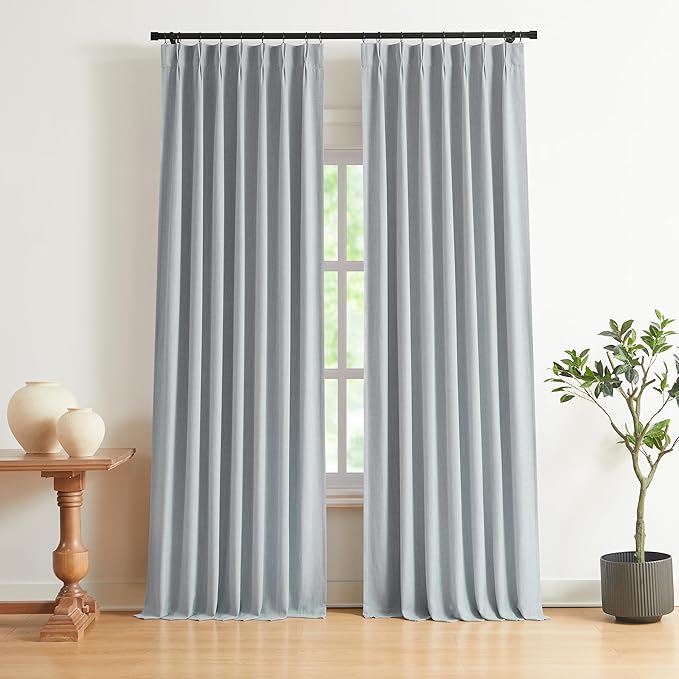 Vision Home Blue Gray Pinch Pleated Full Blackout Curtains Linen Blended Room Darkening Window Curtains 112 inch for Living Room Bedroom Thermal Insulated Pinch Pleat Drapes with Hooks 40" Wx112 Lx2