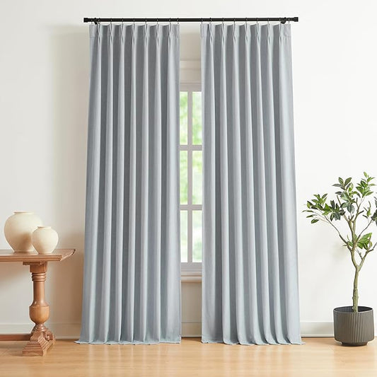 Vision Home Blue Gray Pinch Pleated Full Blackout Curtains Linen Blended Room Darkening Window Curtains 112 inch for Living Room Bedroom Thermal Insulated Pinch Pleat Drapes with Hooks 40" Wx112 Lx2